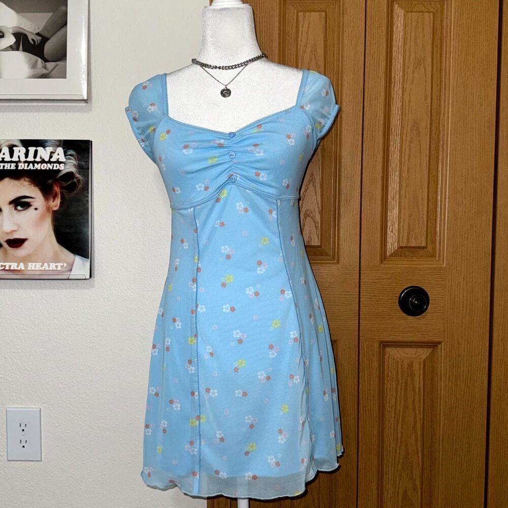 Forever 21 Mini Dress Women's Medium Blue Floral Stretch Short‎ Sleeves Coquette